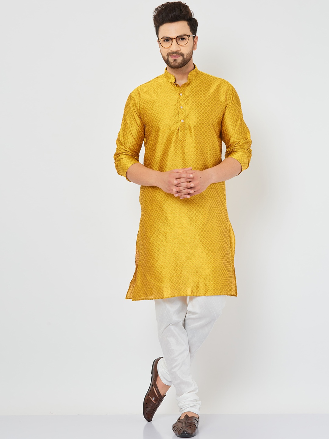 

Armaan Ethnic Men Pure Silk Kurta with Churidar, Yellow