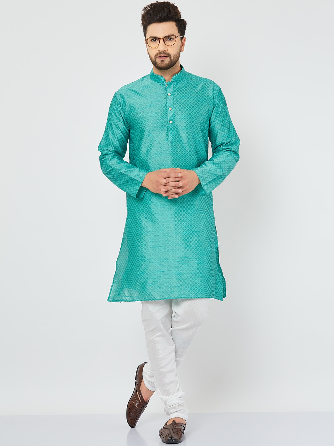 

Armaan Ethnic Men Pure Silk Kurta with Churidar, Teal