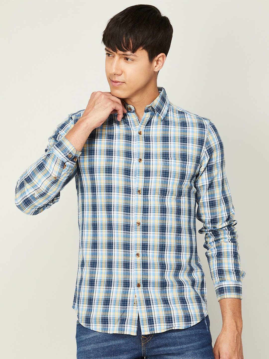 

Forca Men Slim Fit Tartan Checked Casual Shirt, Navy blue
