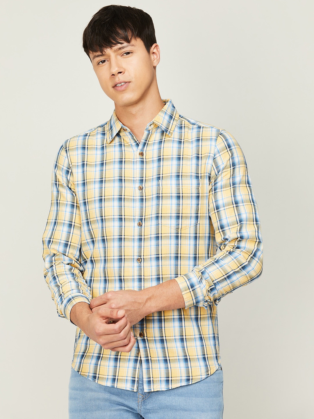 

Forca by Lifestyle Men Slim Fit Tartan Checked Casual Shirt, Yellow