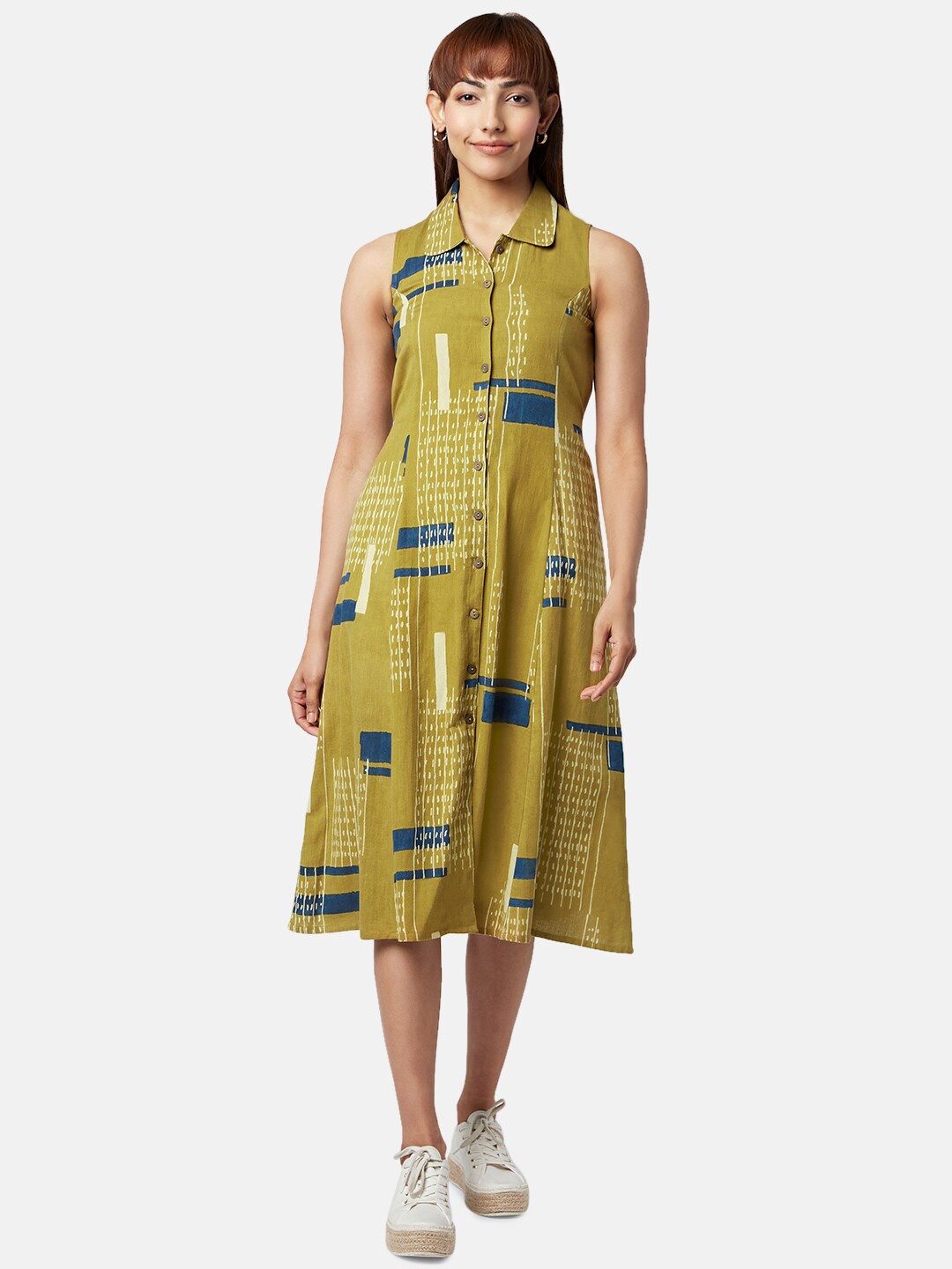 

AKKRITI BY PANTALOONS Abstract Printed Shirt Midi Dress, Mustard