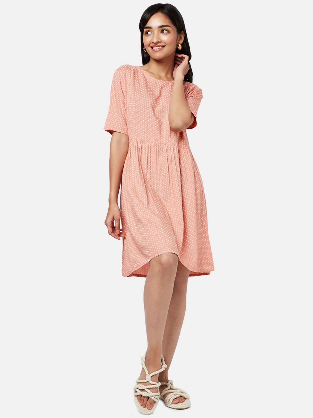 

YU by Pantaloons Gathered Polka Dots Dress, Peach