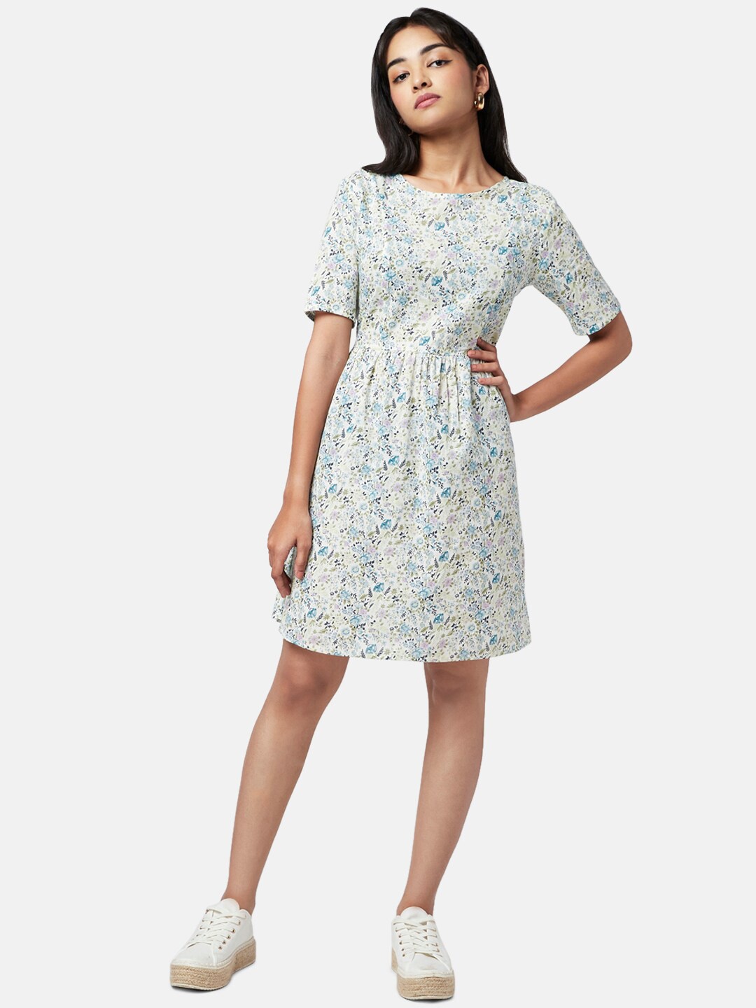 

YU by Pantaloons Pleated Floral Dress, White