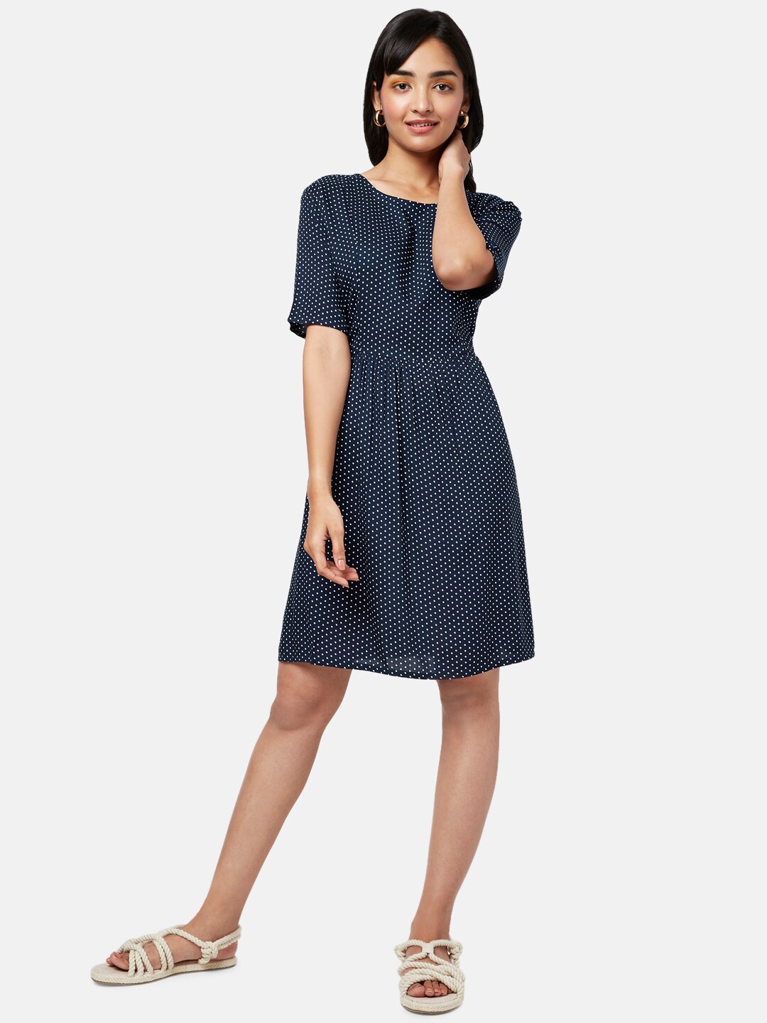

YU by Pantaloons Gathered Polka Dots Dress, Navy blue