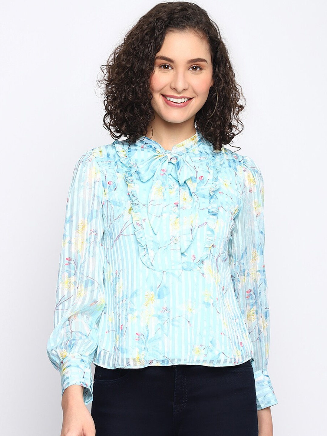 

Latin Quarters Floral Print Tie-Up Neck Top, Blue