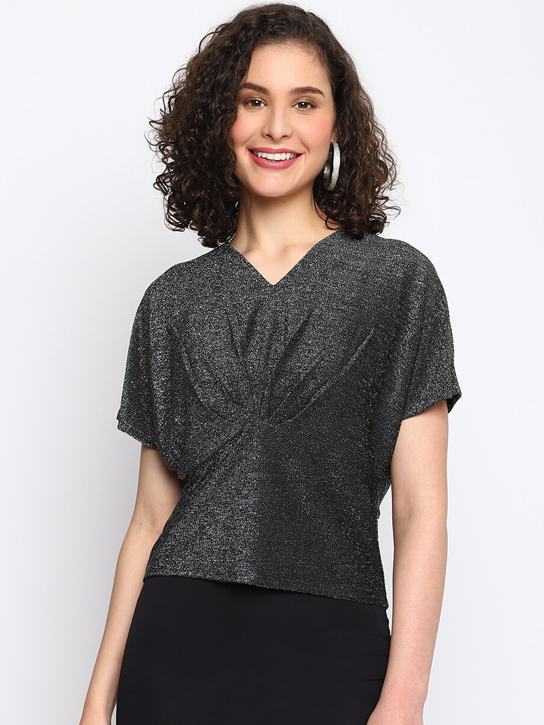 

Latin Quarters V-Neck Pleated Top, Black
