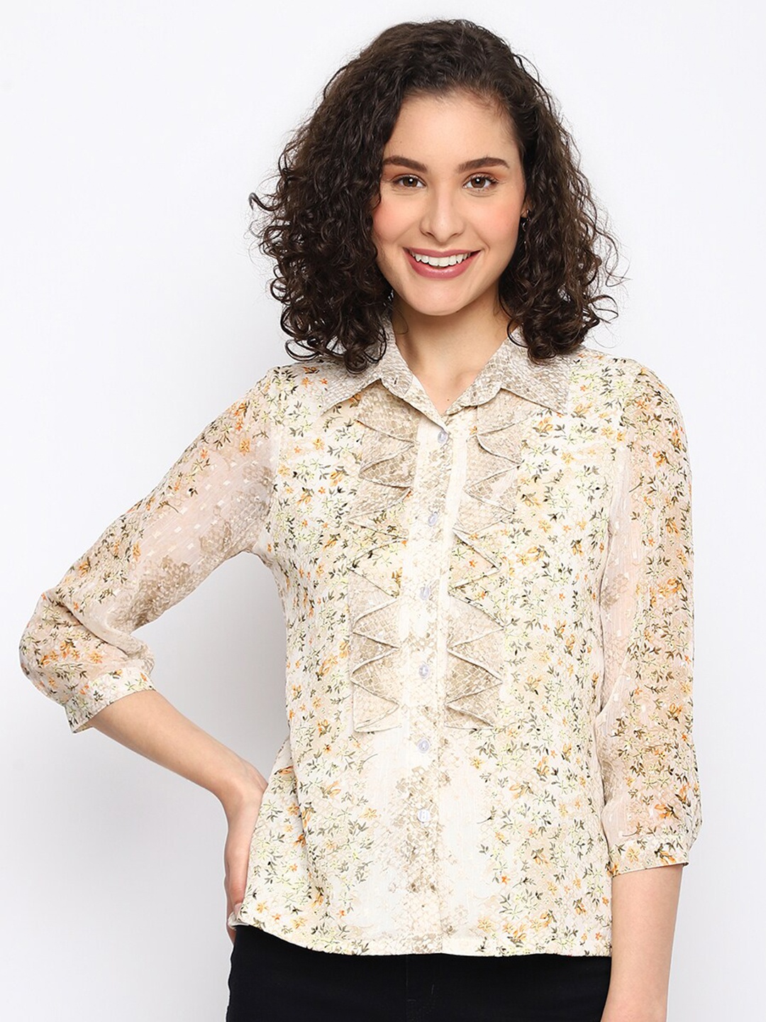 

Latin Quarters Floral Print Ruffles Shirt Style Top, Beige