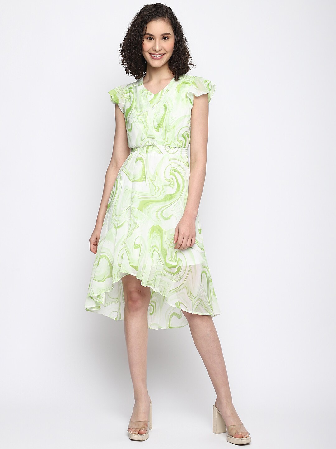 

Latin Quarters Printed V Neck Fit And Flare Dress, Green
