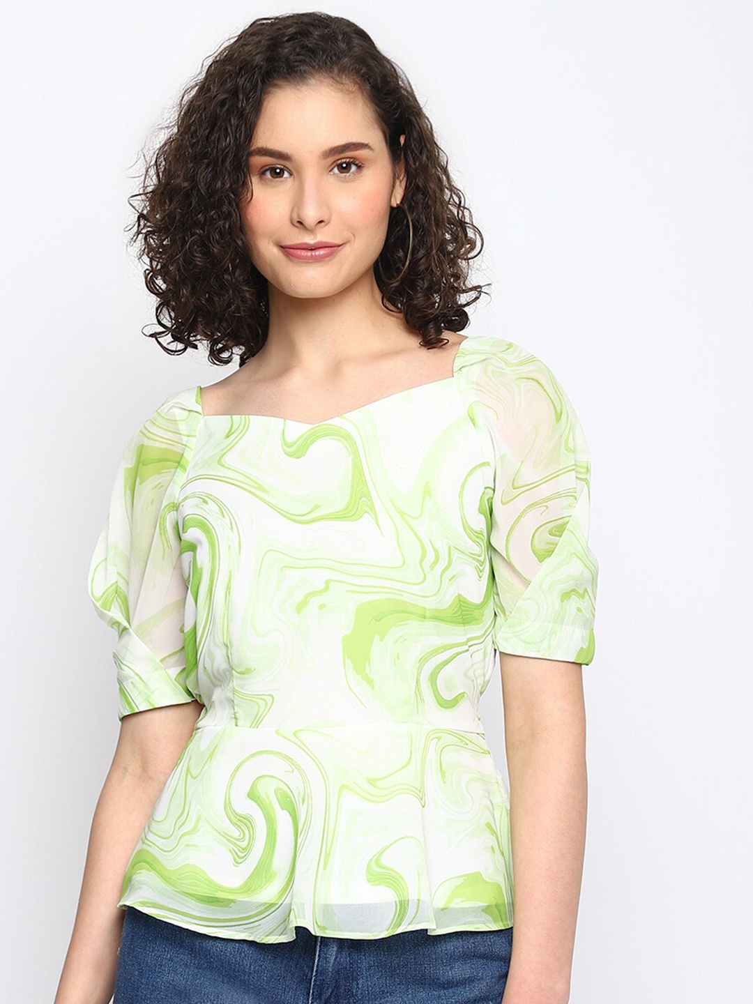 

Latin Quarters Print Sweetheart Neck Cinched Waist Top, Green