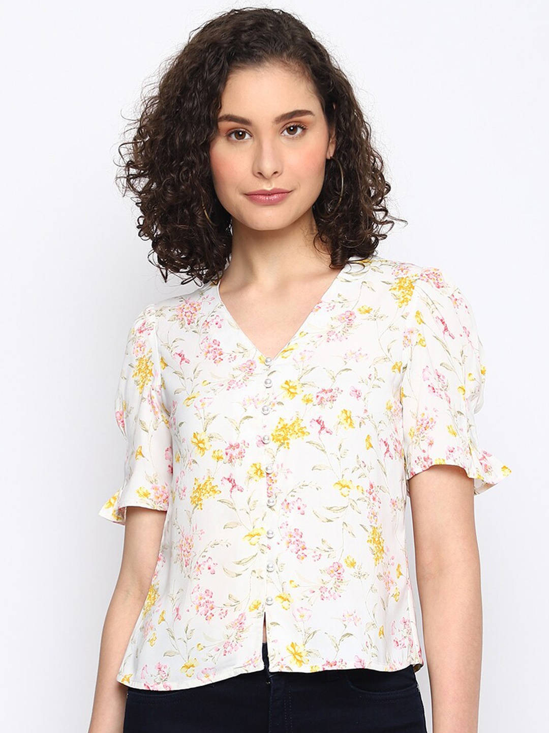 

Latin Quarters Floral Print Shirt Style Top, White