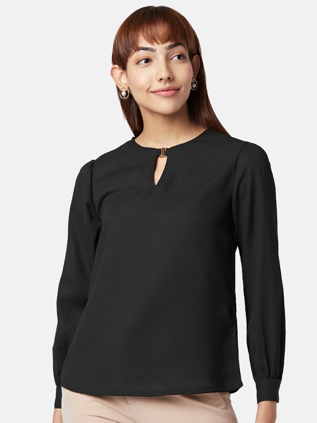 

Annabelle by Pantaloons Keyhole Neck Cuffed Sleeves Top, Black