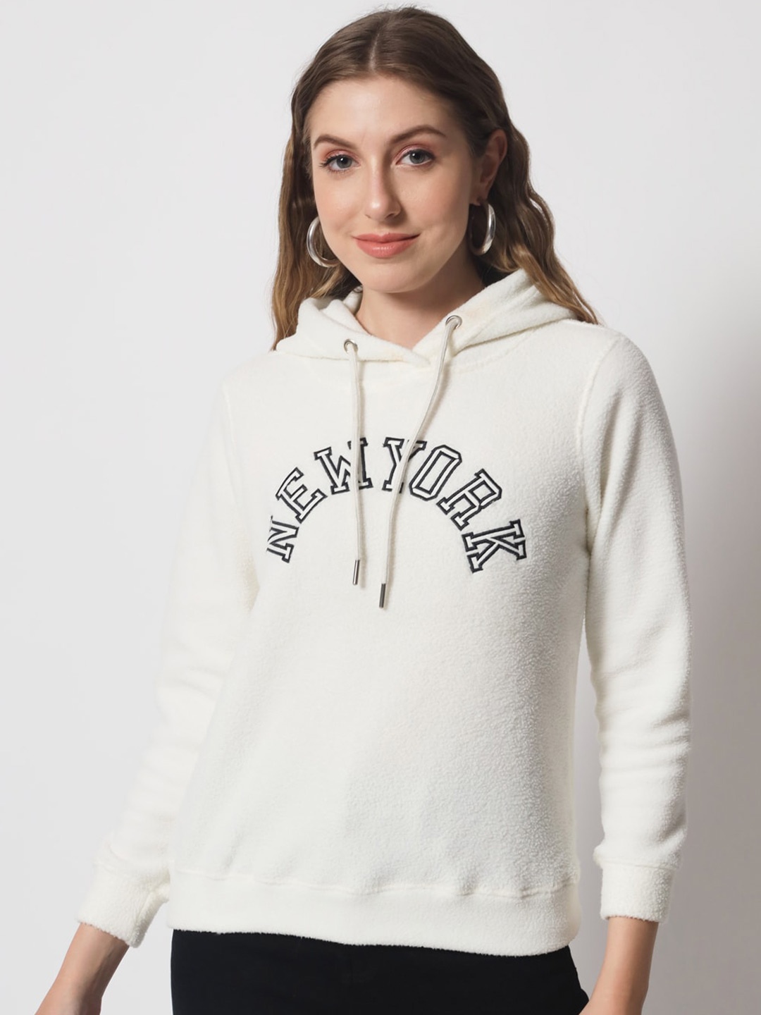 

DAiSY Women Fleece Printed Hooded Sweatshirt, White