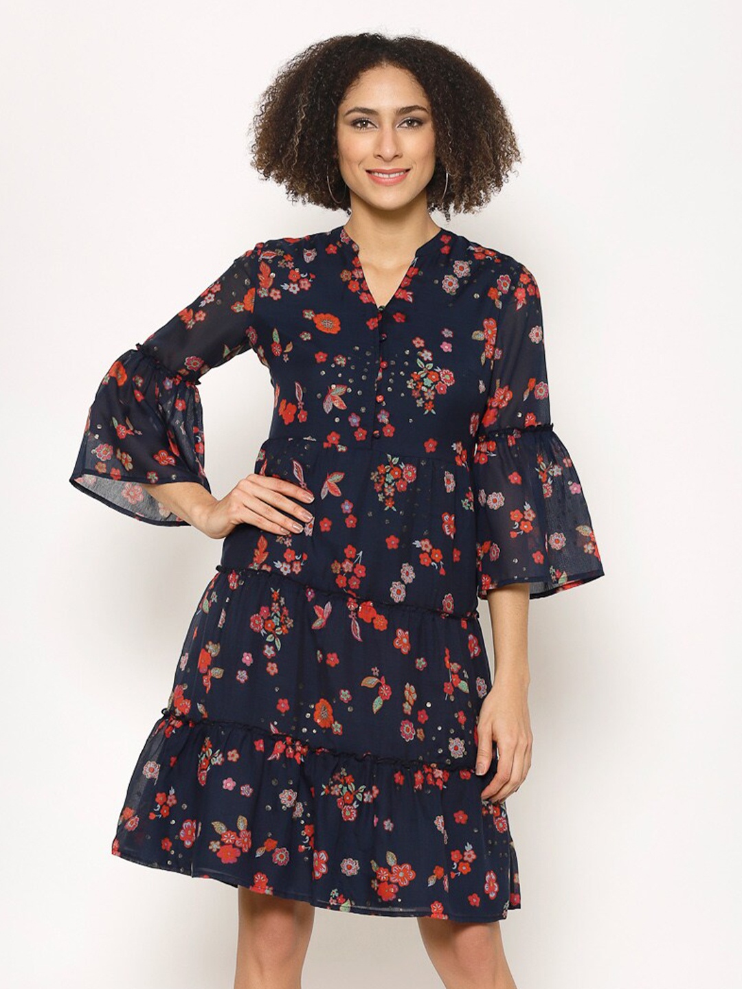 

HOUSE OF KKARMA Bell Sleeve Floral Printed Cotton Dress, Navy blue