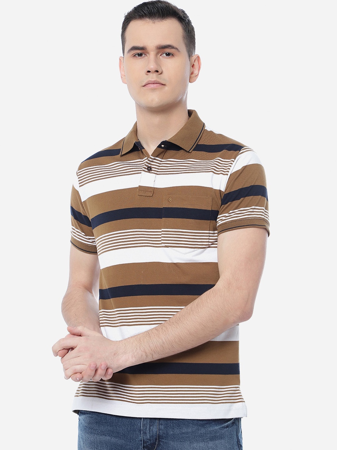 

Greenfibre Men Plus Size Cotton Striped Polo Collar Slim Fit T-shirt, Brown