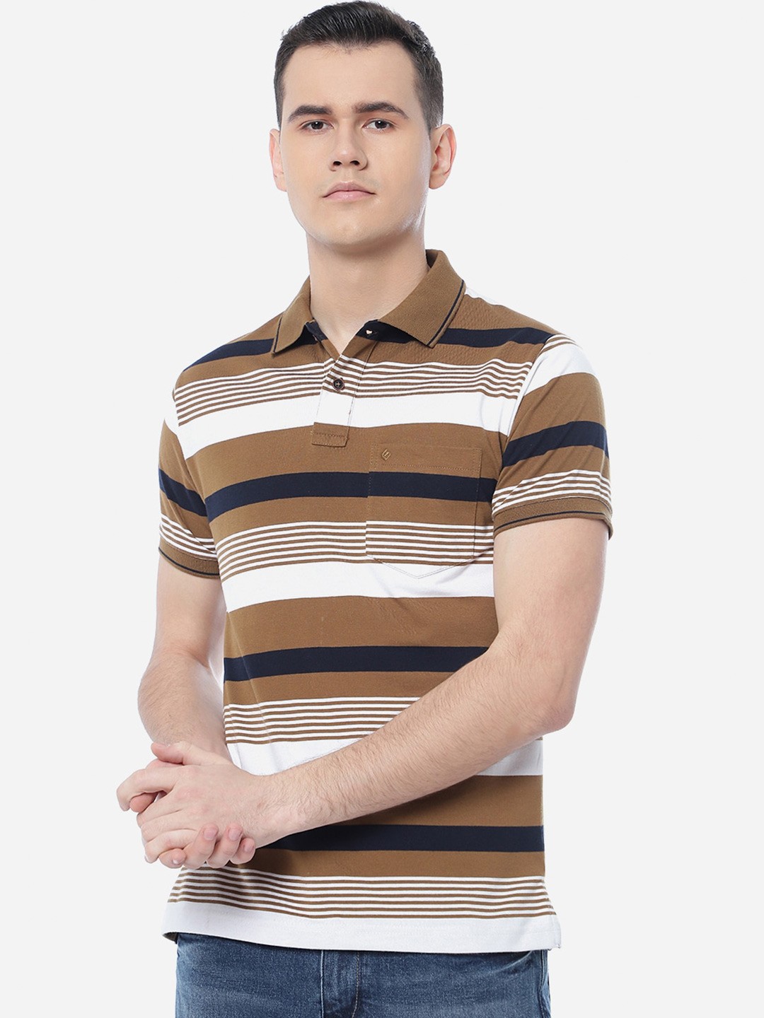 

Greenfibre Men Cotton Striped Polo Collar Slim Fit T-shirt, Brown