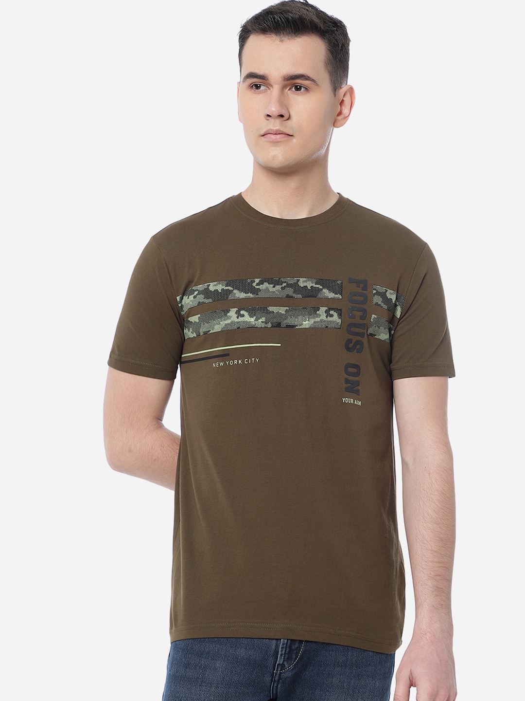 

Greenfibre Men Cotton Printed Slim Fit T-shirt, Brown