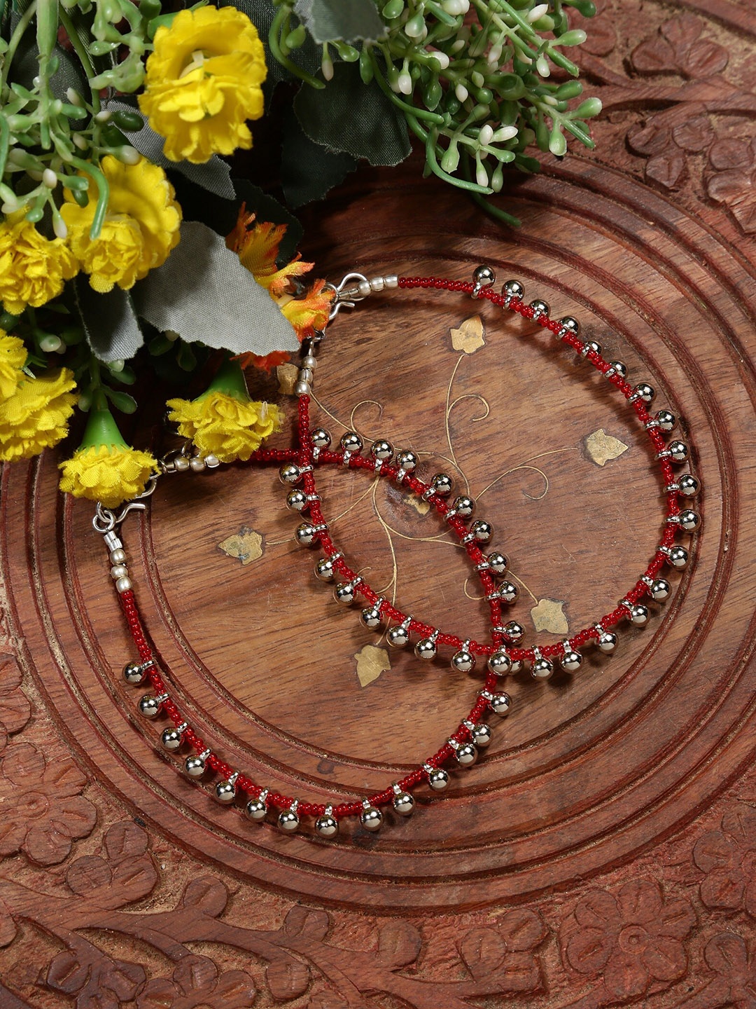 

EL REGALO German Silver Set of 2 Silver-Plated Beads-Studded Tribal Anklets