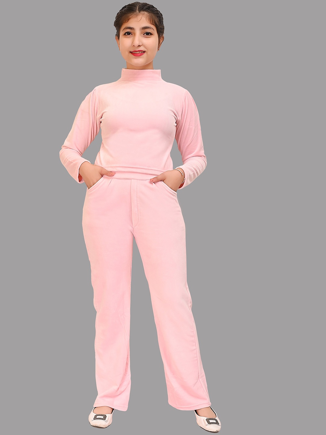 

Elendra jeans Girls High Neck Long Sleeves Top With Trousers, Pink