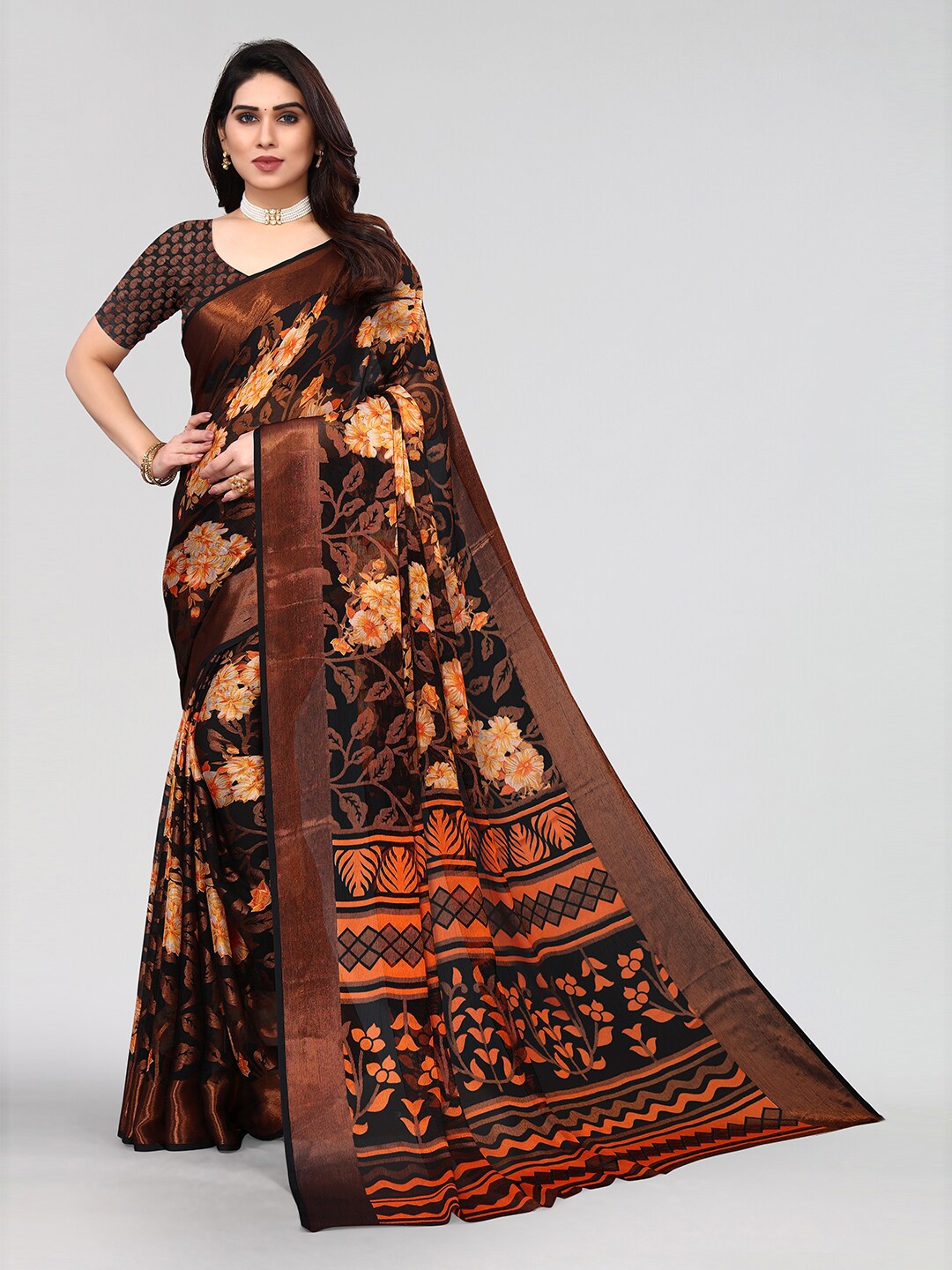 

KALINI Navy Floral Printed Poly Chiffon Saree, Black