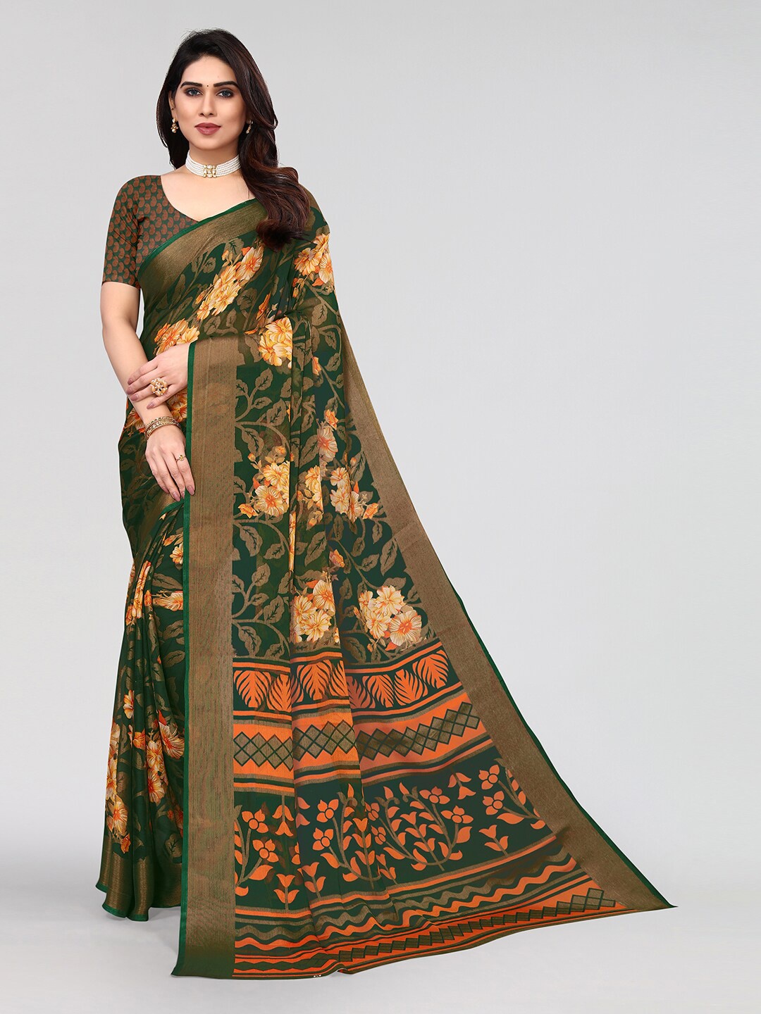 

KALINI Navy Floral Printed Poly Chiffon Saree, Green