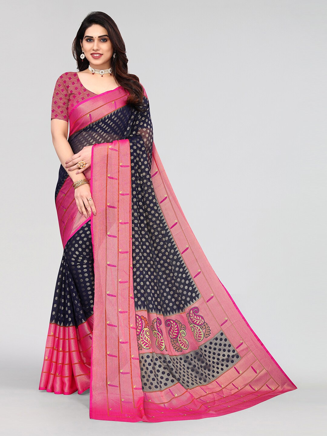 

KALINI Polka Dot Printed Saree, Navy blue