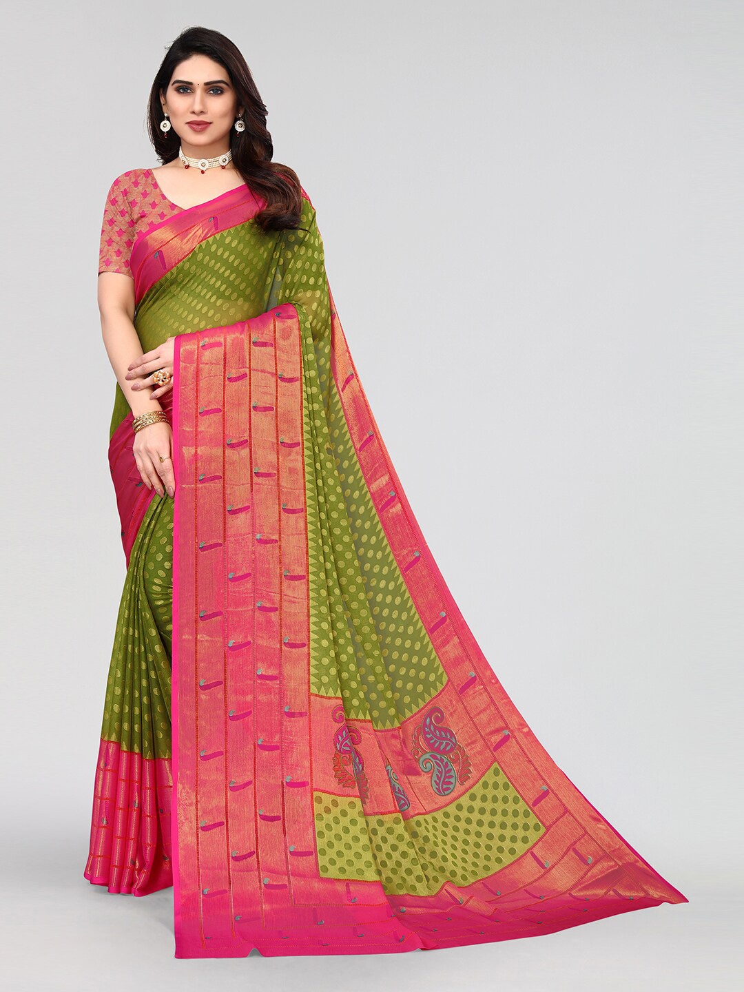 

KALINI Polka Dot Printed Saree, Green