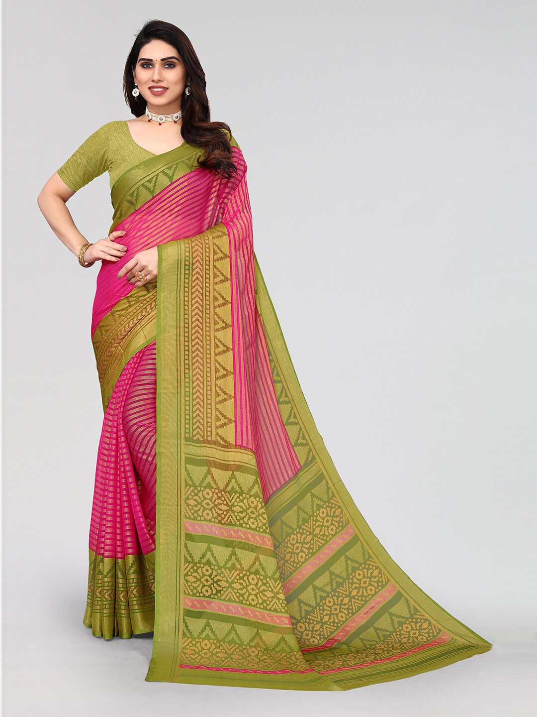 

KALINI Striped Zari Saree, Pink