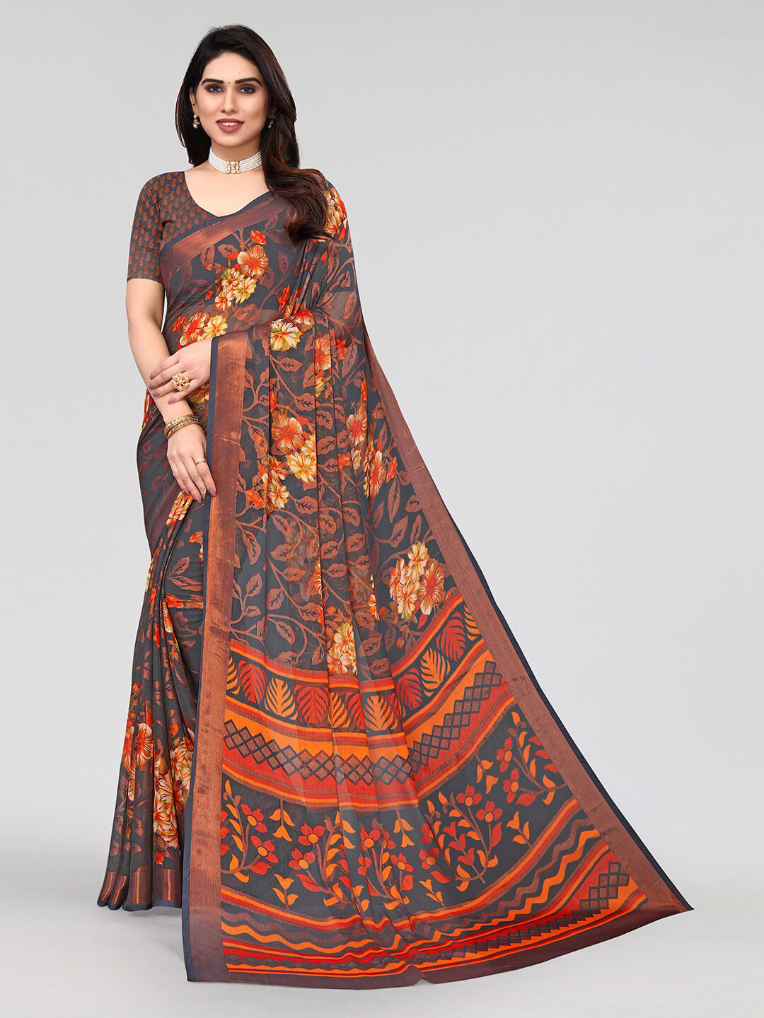 

KALINI Floral Zari Saree, Grey