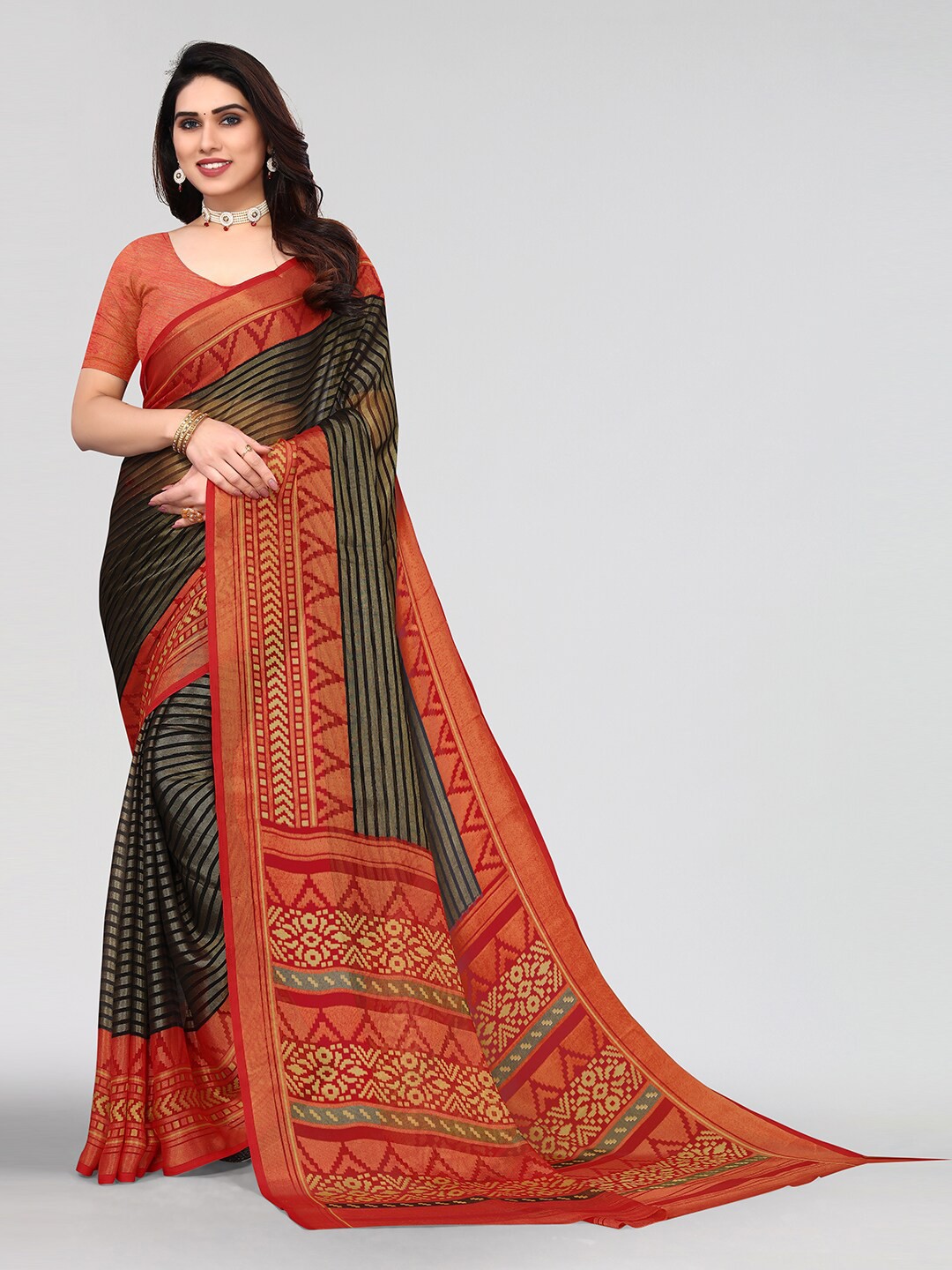 

KALINI Striped Saree, Black