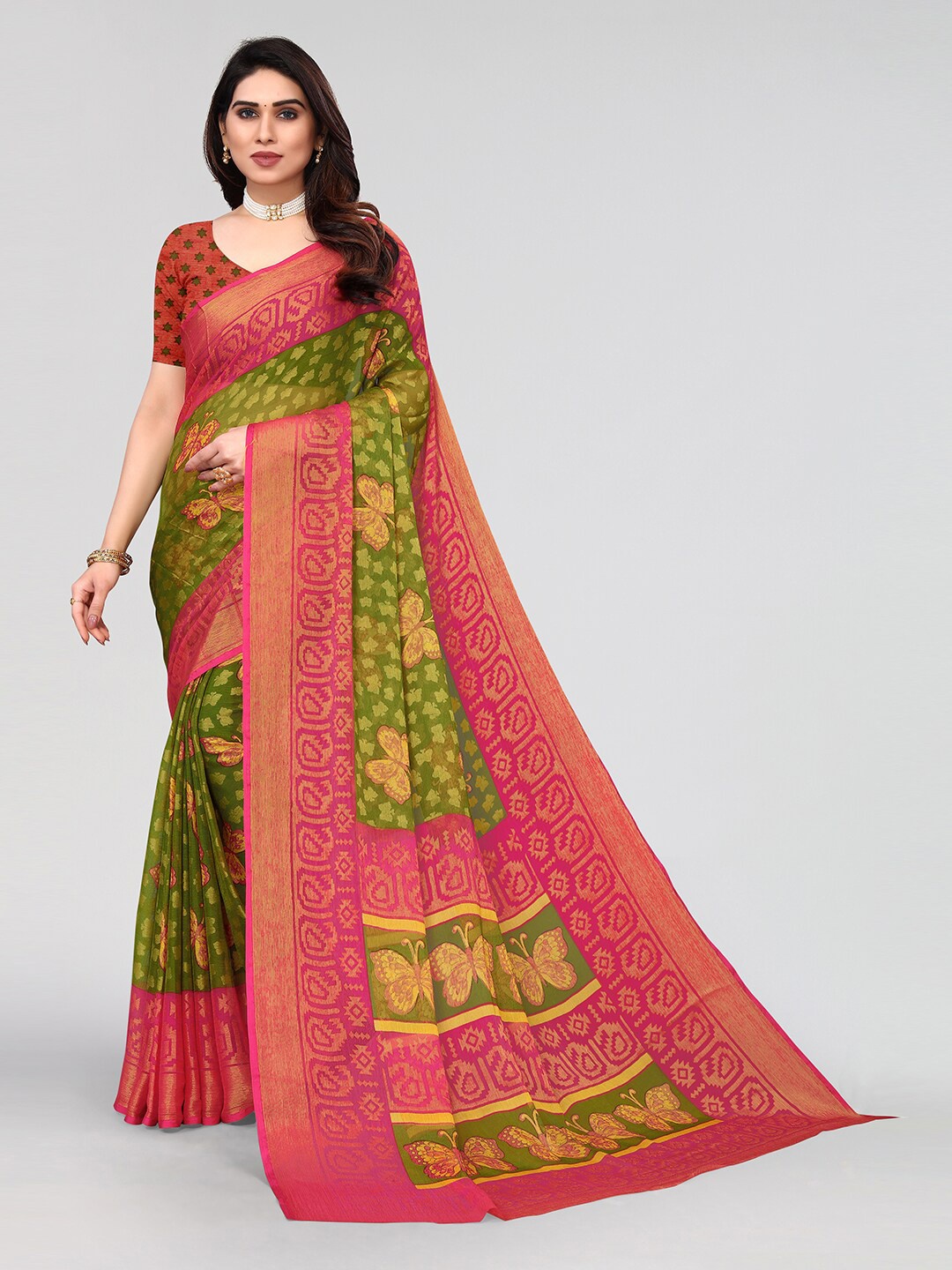

KALINI Ethnic Motifs Zari Saree, Olive