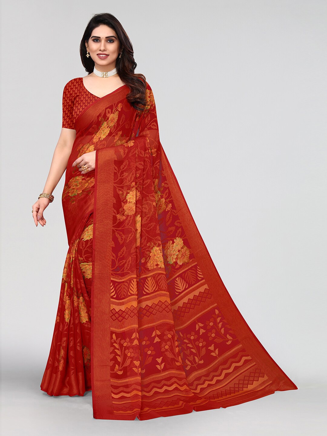 

KALINI Floral Zari Saree, Red