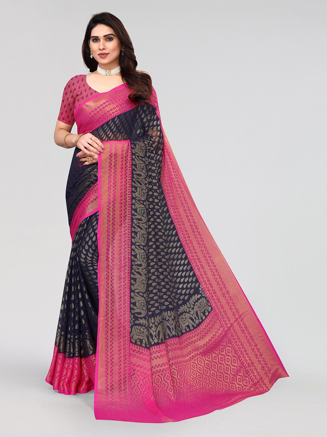 

KALINI Motifs Zari Saree, Navy blue