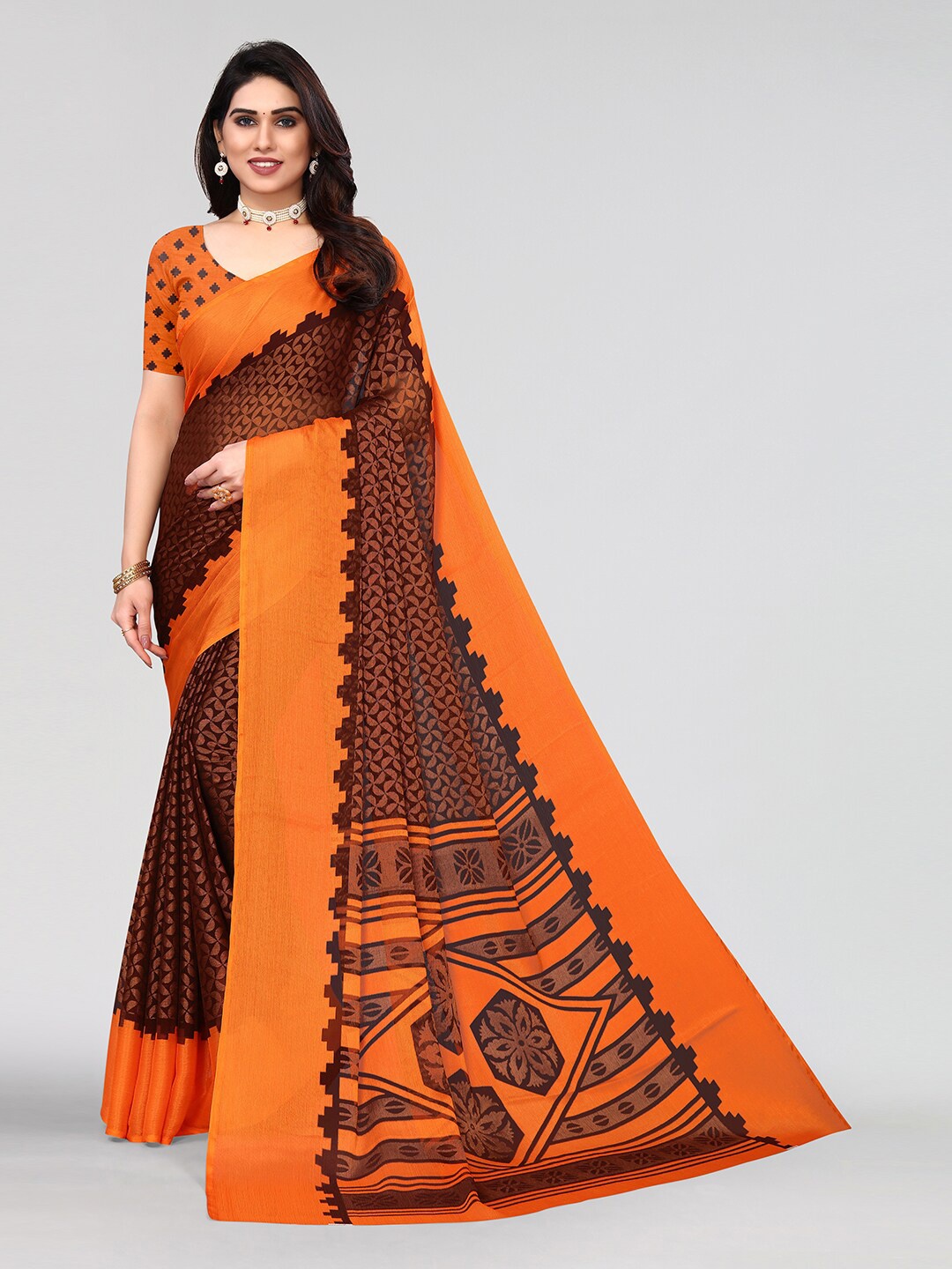 

KALINI Printed Saree, Brown
