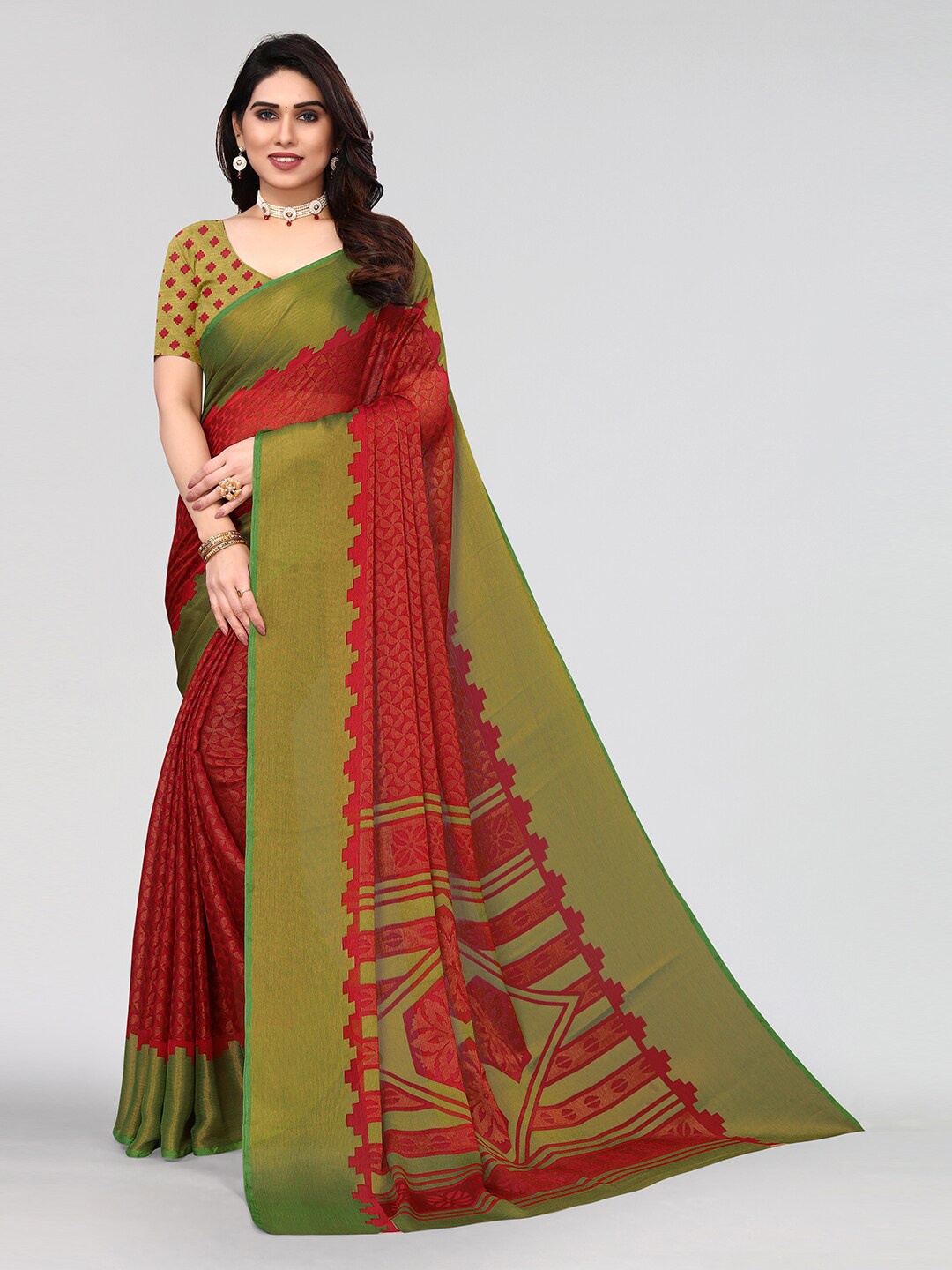 

KALINI Geometric Printed Saree With Blouse Piece, Maroon