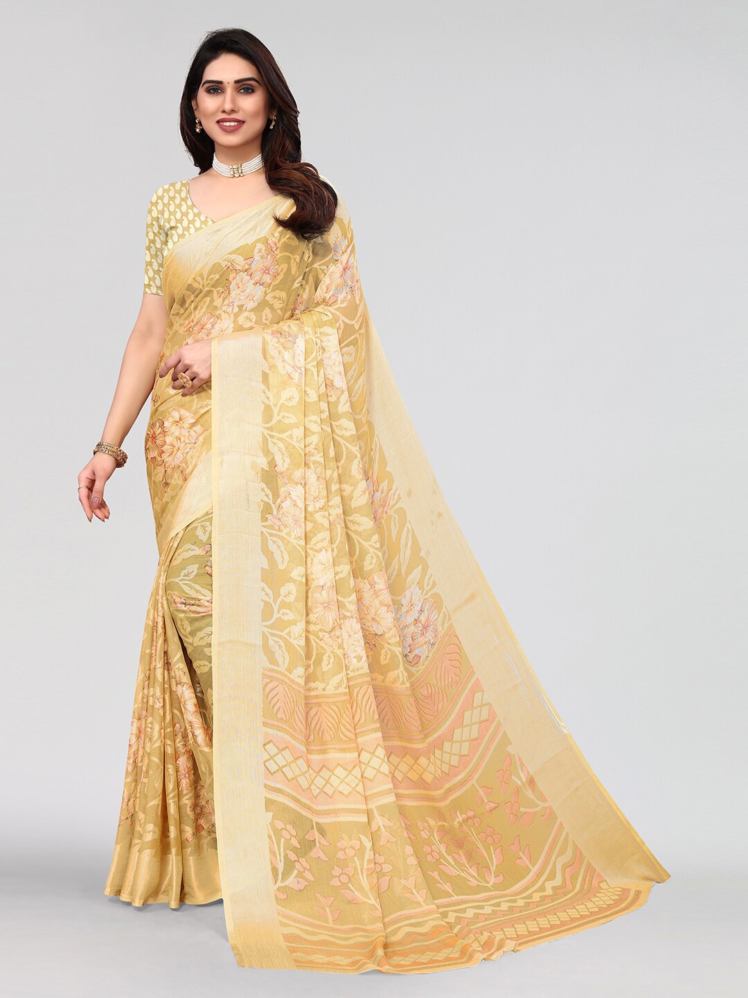 

KALINI Floral Printed Saree With Blouse Piece, Beige