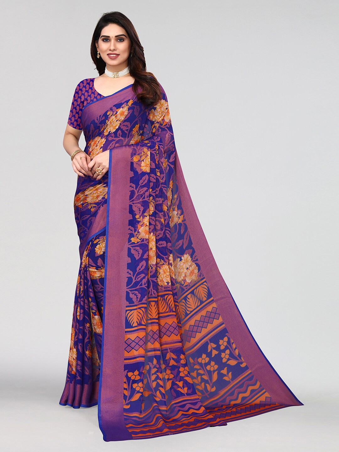 

KALINI Floral Printed Saree With Blouse Piece, Navy blue