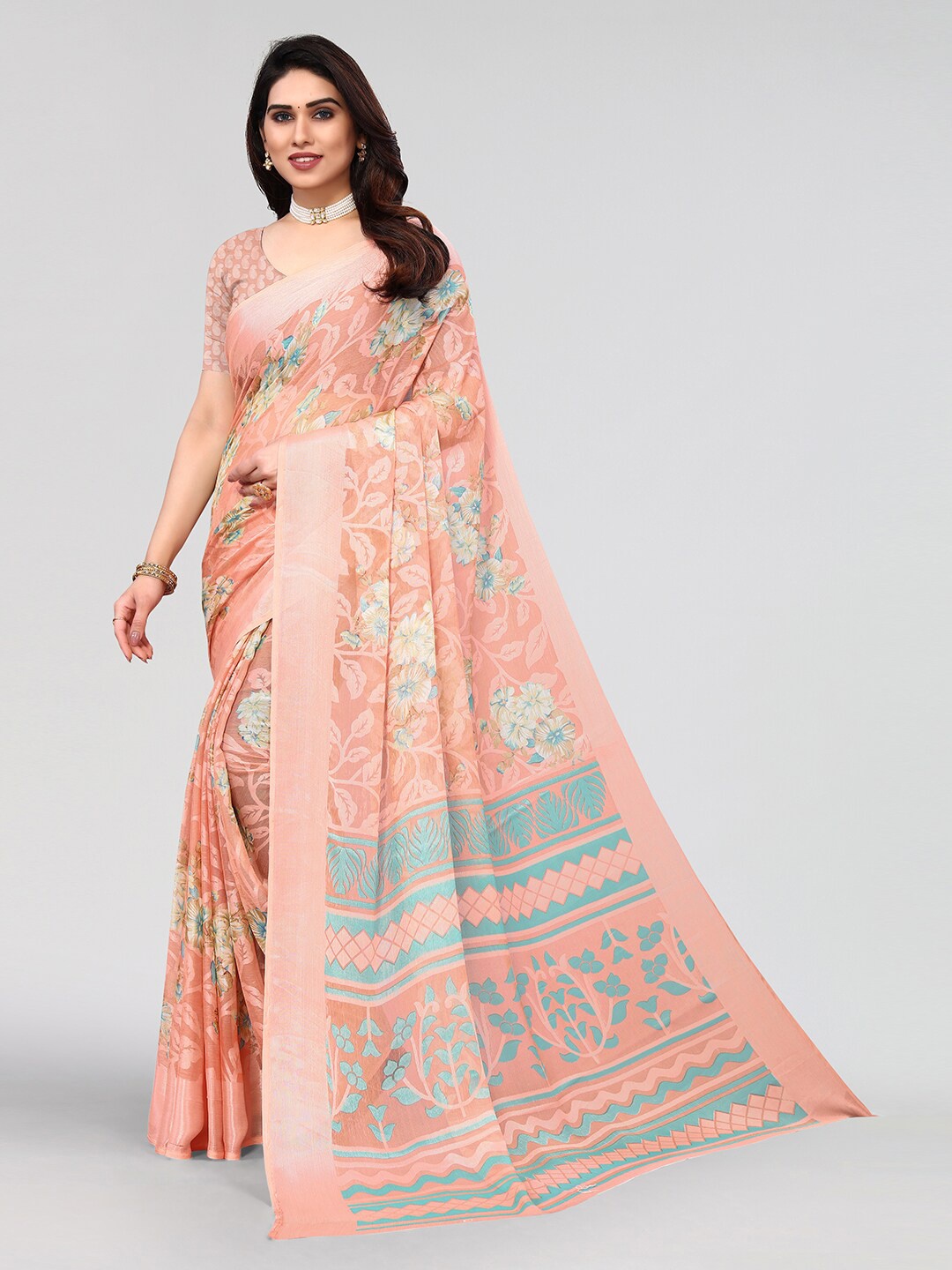 

KALINI Floral Printed Saree With Blouse Piece, Peach