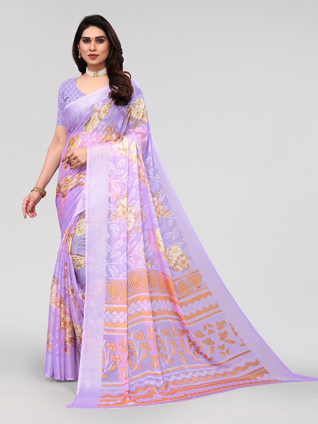 

KALINI Floral Printed Saree With Blouse Piece, Lavender