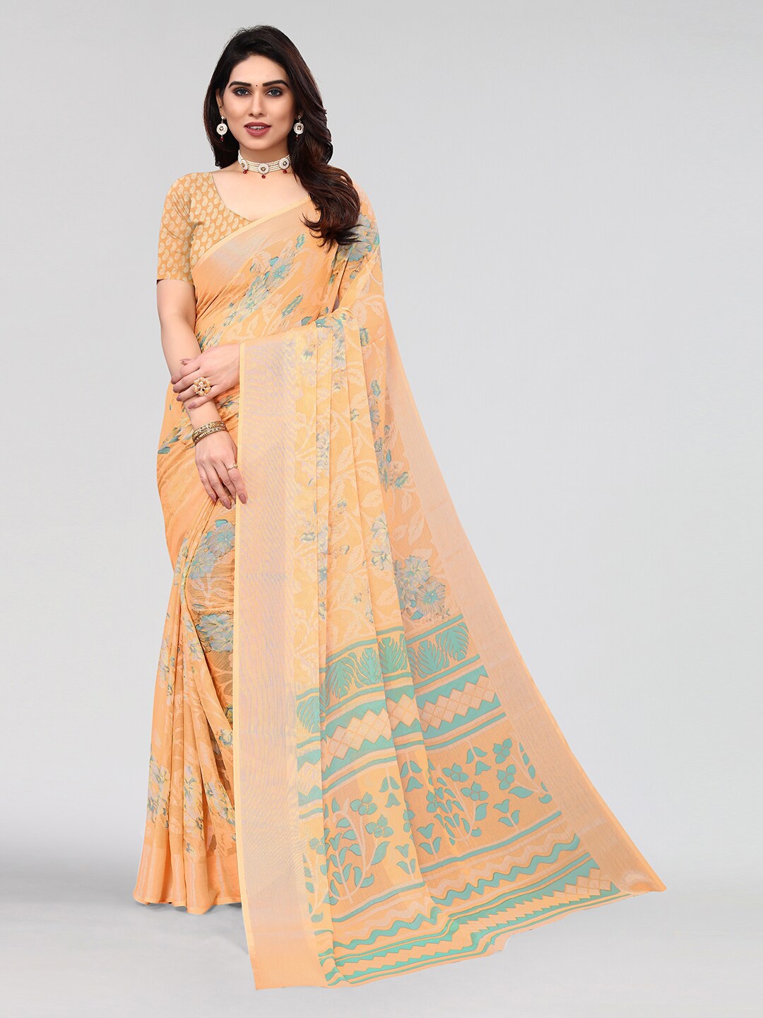 

KALINI Floral Printed Saree, Peach