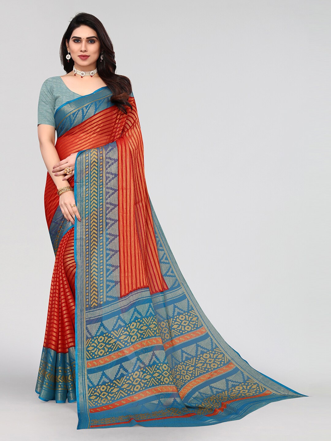 

KALINI Striped Saree, Red