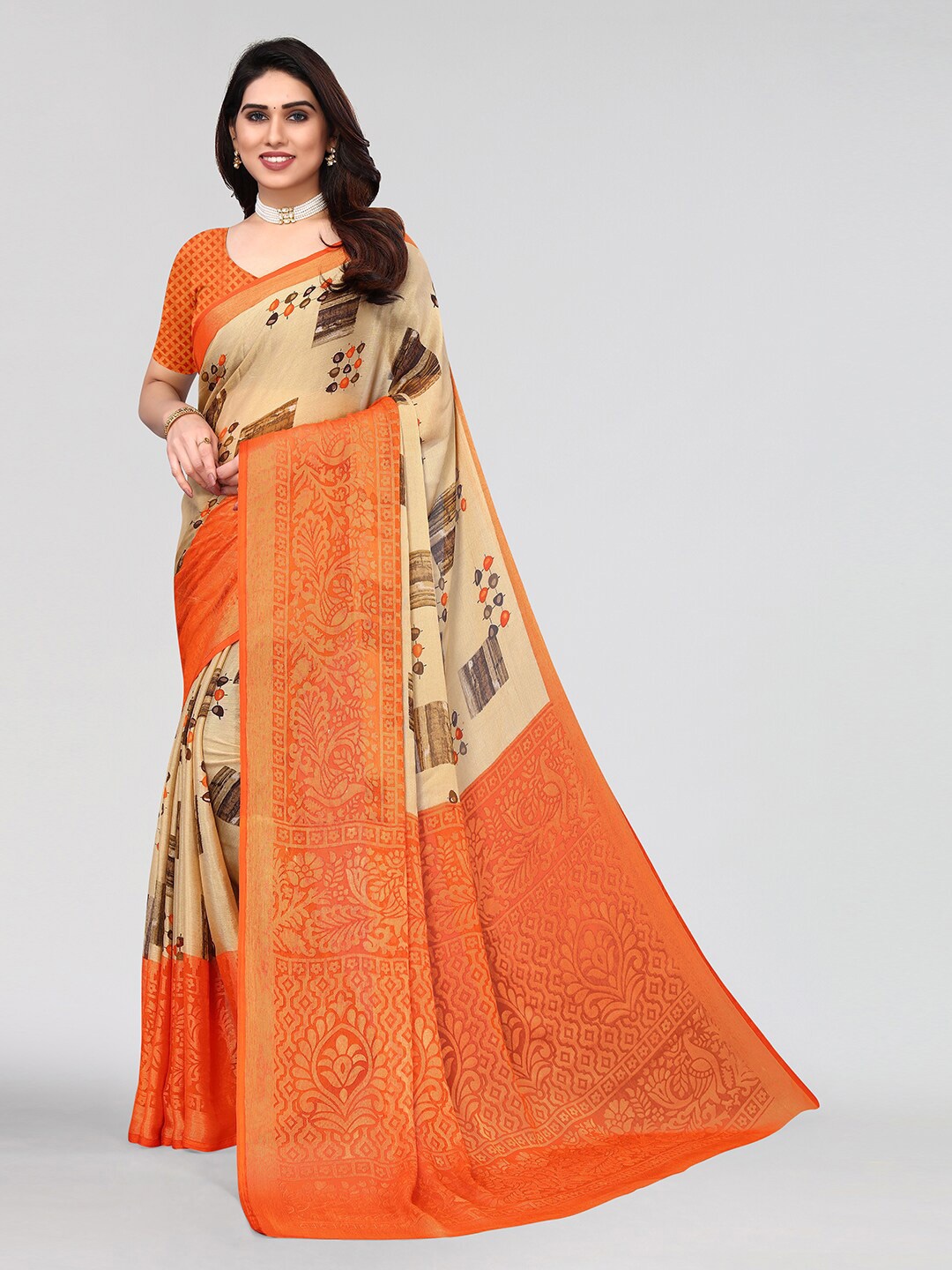 

KALINI Orange & Cream-Coloured Printed Saree
