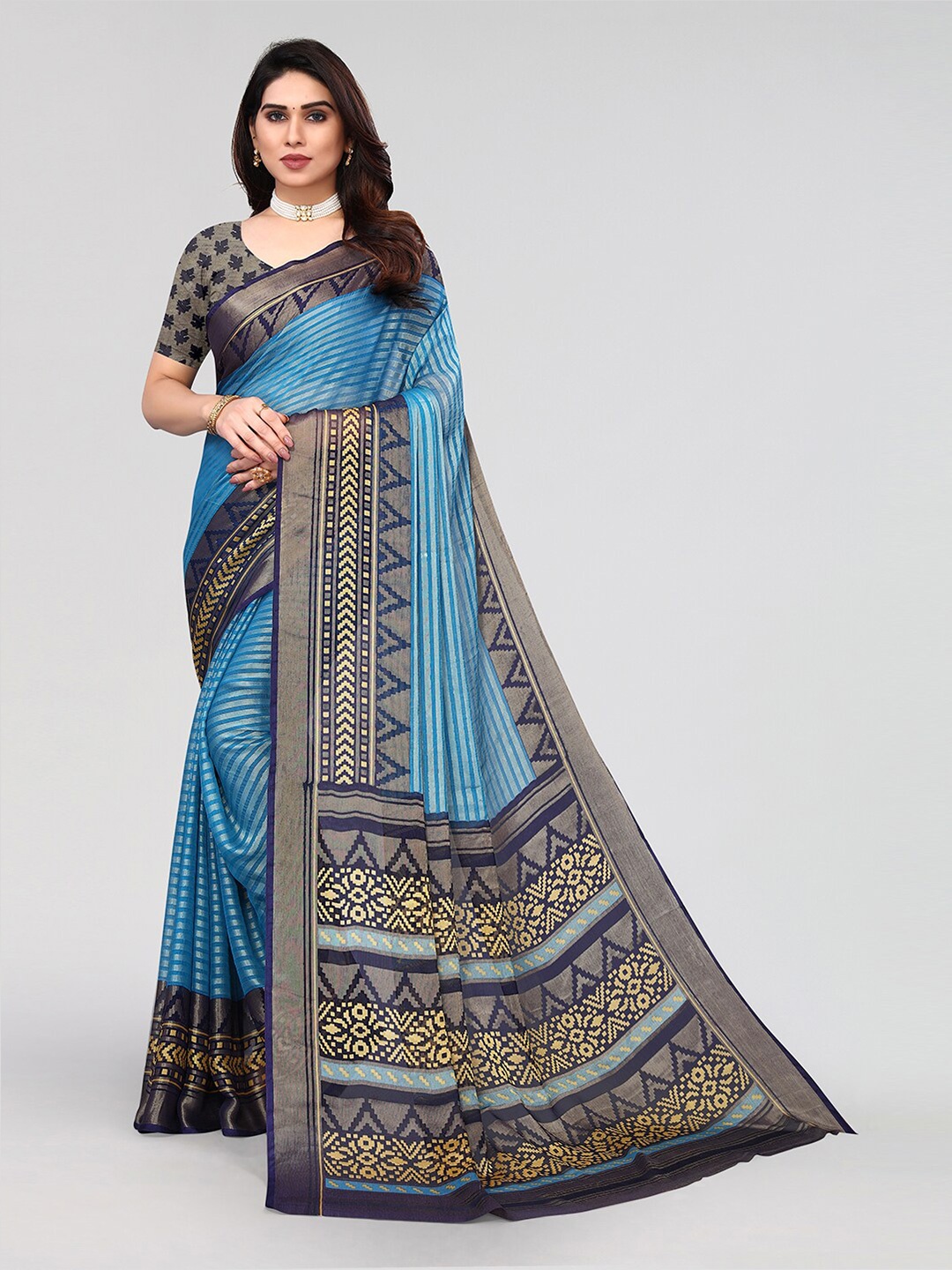 

KALINI Striped Zari Saree, Blue