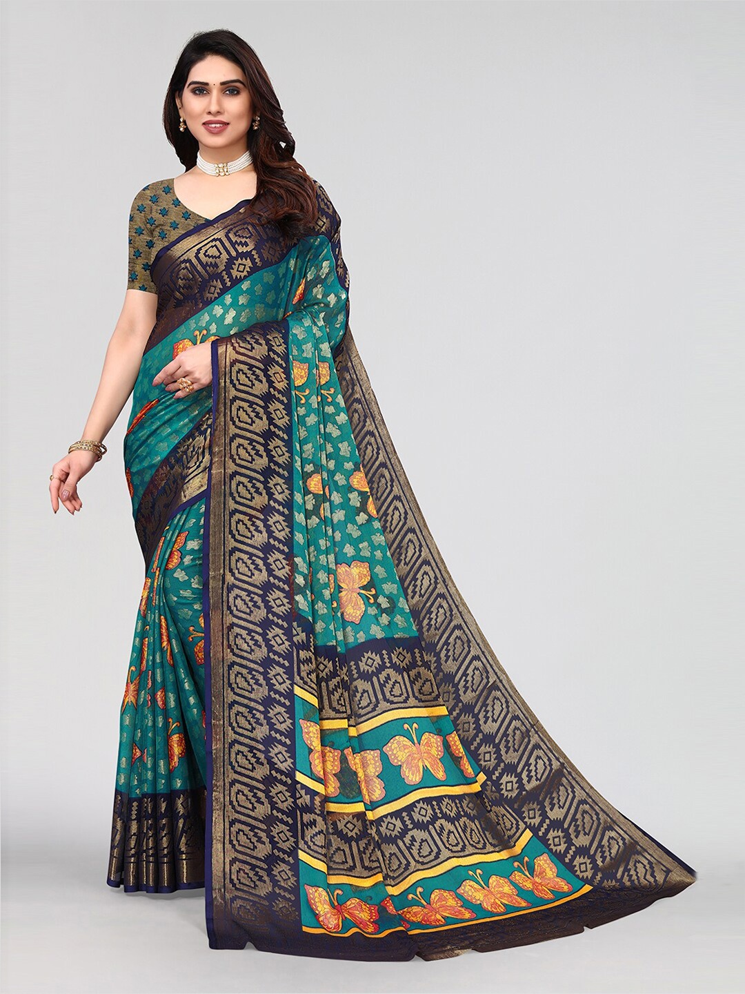 

KALINI Ethnic Motifs Zari Saree, Teal