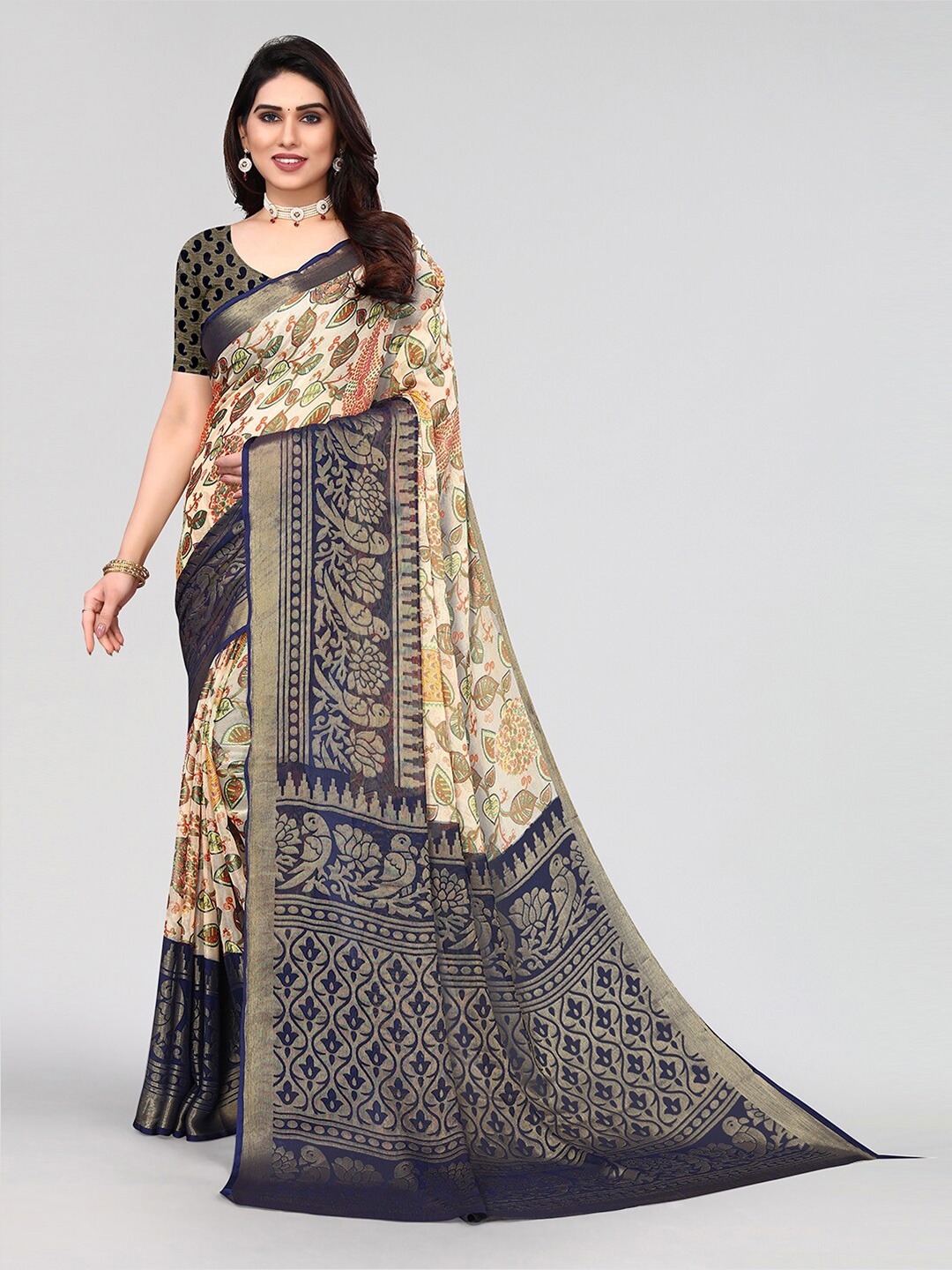 

KALINI Floral Zari Saree, Navy blue