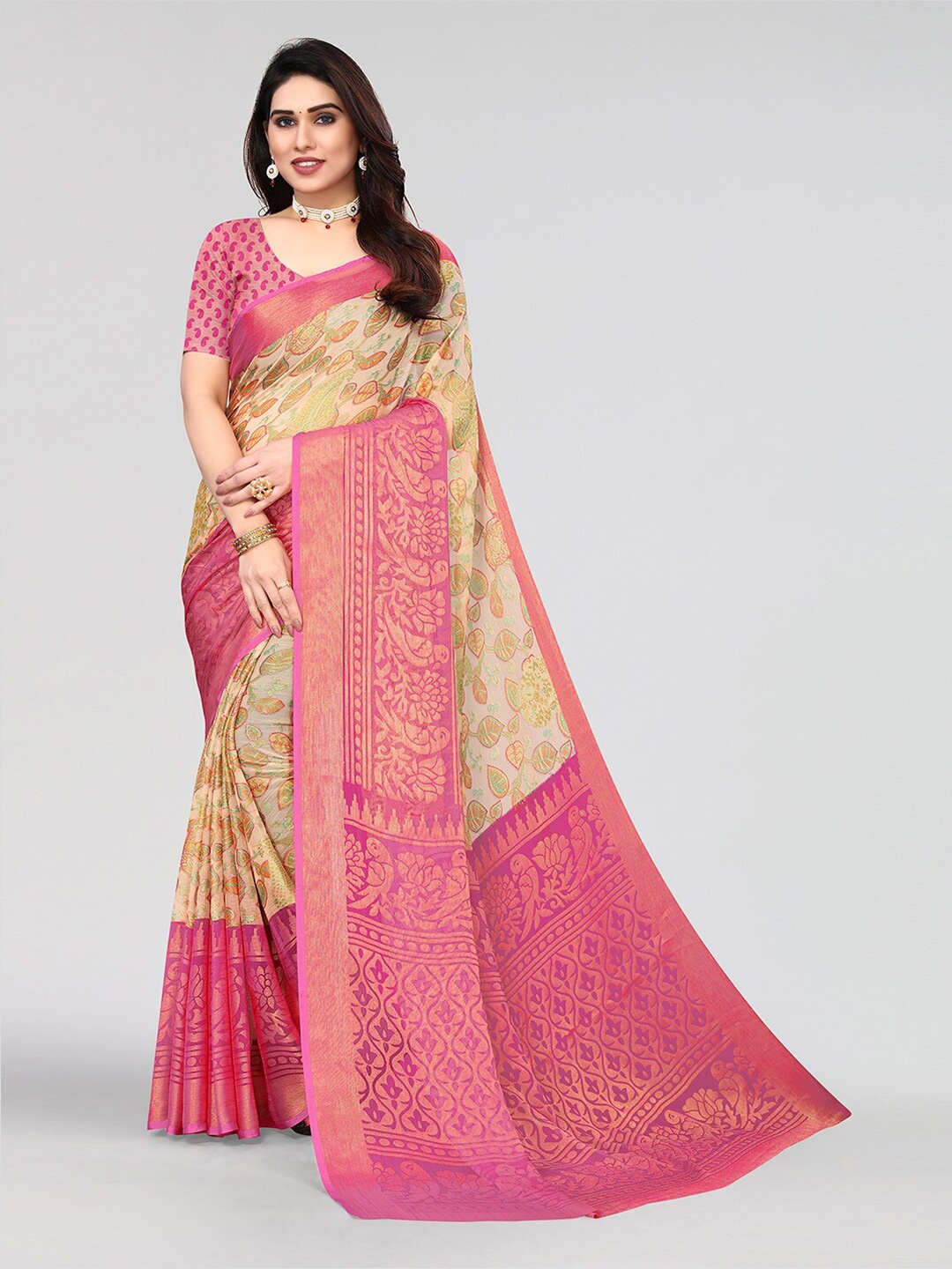 

KALINI Zari Printed Saree, Pink