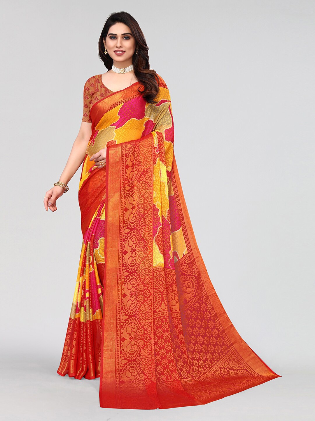 

KALINI Floral Zari Saree, Red