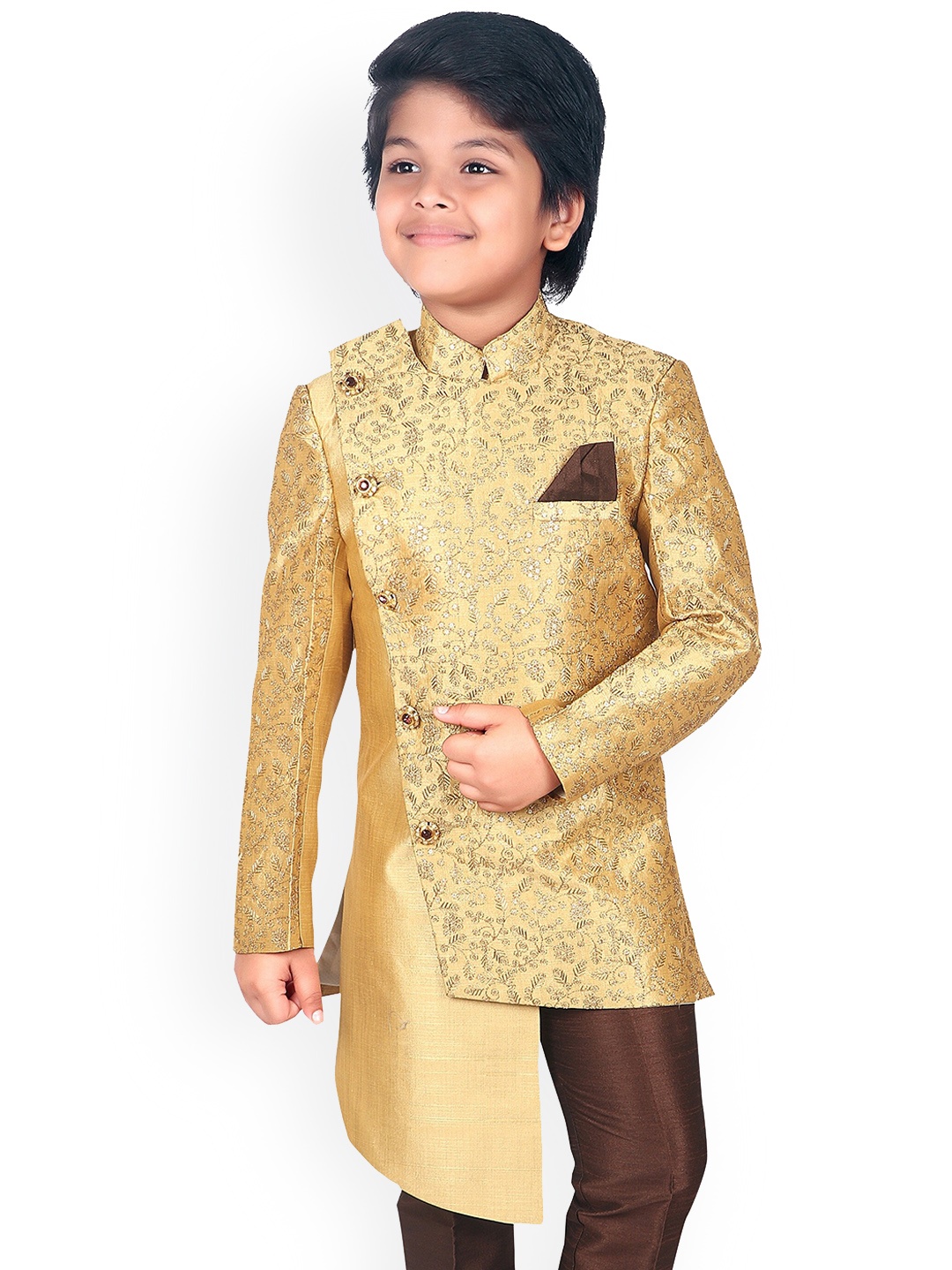 

ahhaaaa Boys Embroidered Sherwani Set, Gold