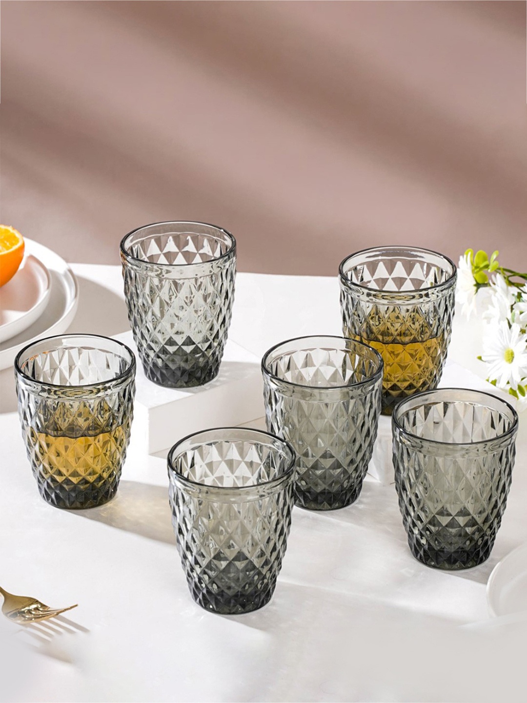 

Nestasia Set Of 6 Grey Textured Water Glass Tumbler 250 ml Each