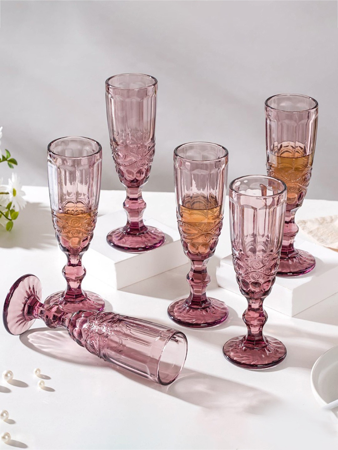 

Nestasia Set Of 6 Mauve Rose Textured Stemmed Glasses 150 ml Each