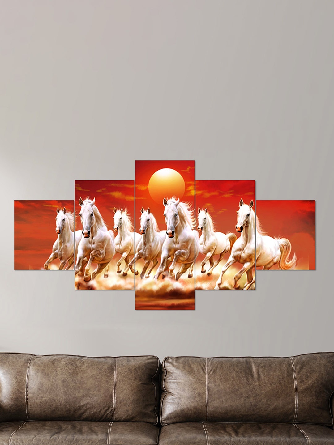 

Clasiko Set Of 5 Red and White 7 Horses With Sun 3D Wall Painting With Frame